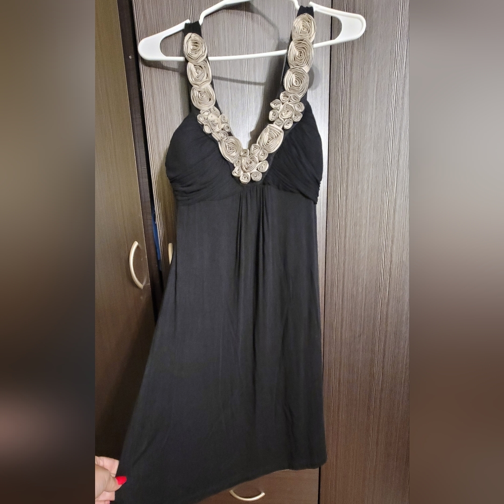 Dating Clothing  black comfy dress with wide straps, front floral decor, small